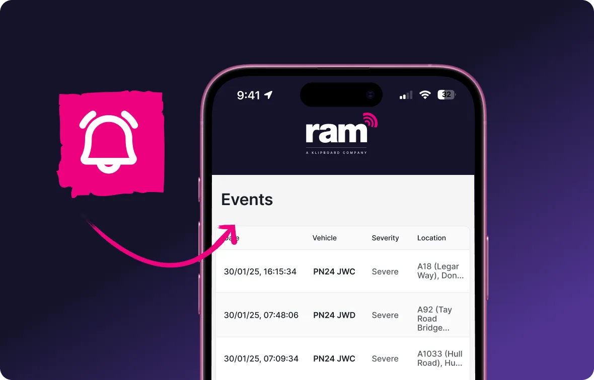Smartphone screen showing ram app with a list of severe vehicle events including date, time, vehicle ID, severity, and location, highlighted by a notification bell icon.