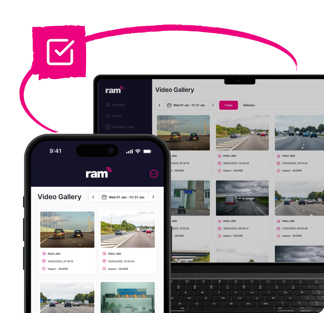 Mobile phone and laptop screen showing a video gallery interface with road traffic footage and impact event details in the RAM app.