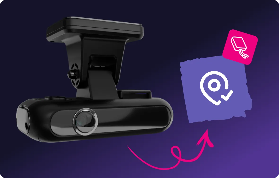 Black dashcam mounted with a curved pink arrow pointing to a white location pin with a check mark on a purple background.