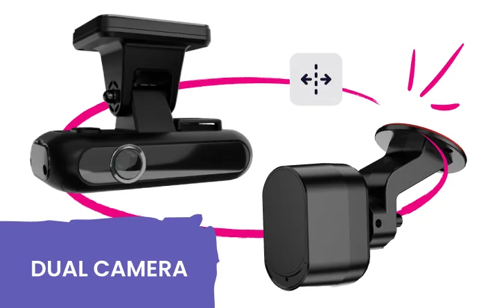 Black dual cameras shown with a pink circular arrow indicating rotation or coverage.