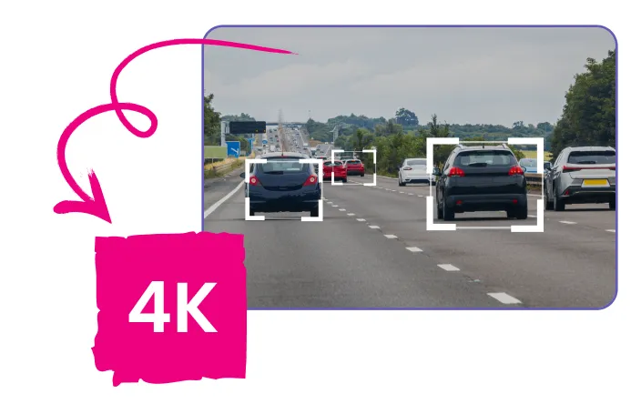Highway traffic with several cars detected and highlighted by white focus boxes, indicating a 4K resolution feature.
