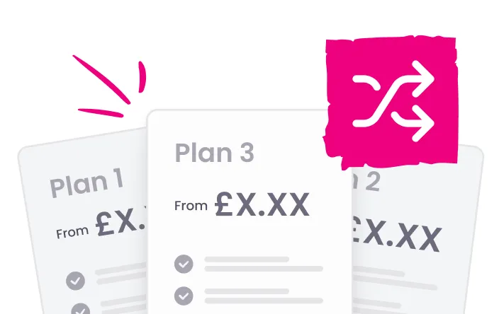 Illustration showing three pricing plans with blurred details and a pink shuffle icon in the top right corner.