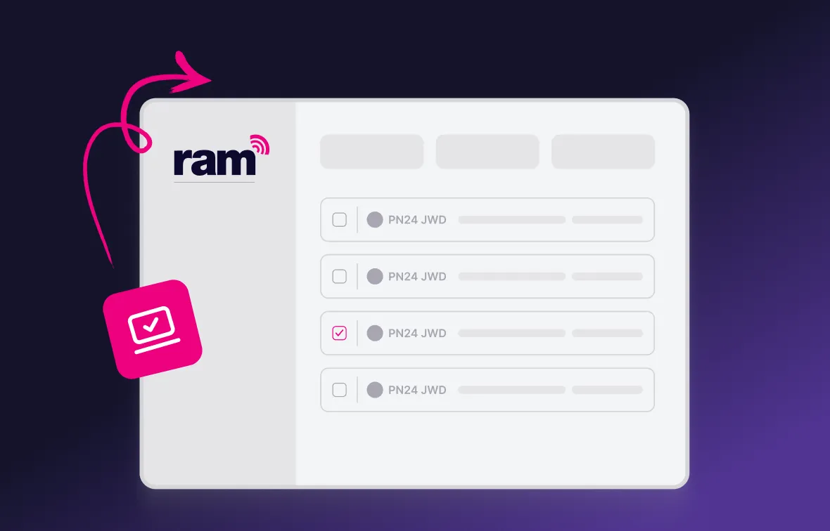 Digital interface showing a list with checkboxes, one checked, labeled PN24 JWD, with the ram logo on the left and a pink arrow pointing to the logo.