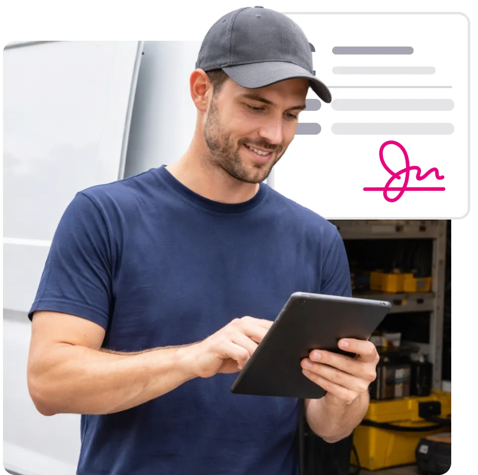 Man in navy shirt and gray cap using a tablet with a digital signature illustration in the background.