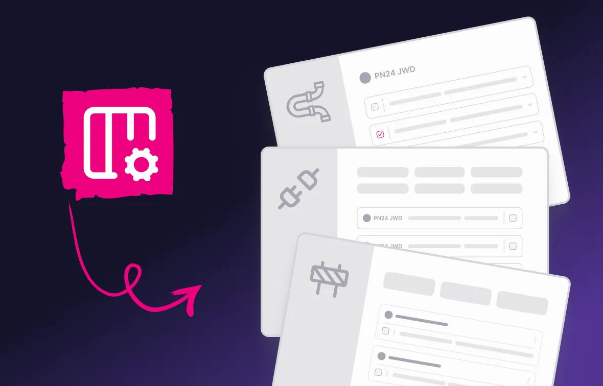 Illustration of three overlapping digital job sheets with icons for plumbing, electrical, and construction tasks, connected by a pink gear and pipe symbol.