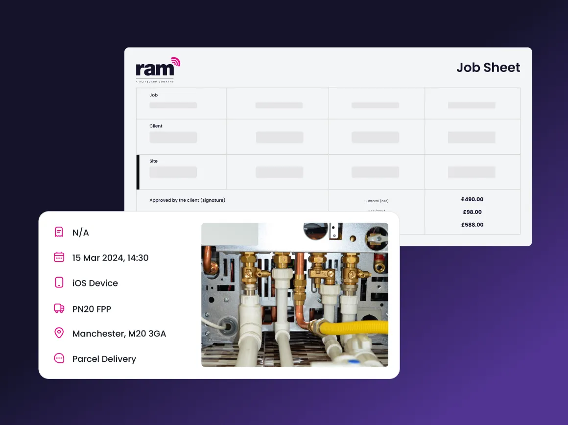 Job sheet with blank fields and a detail card showing plumbing pipes and fittings alongside job details including date, device type, location, and delivery method.