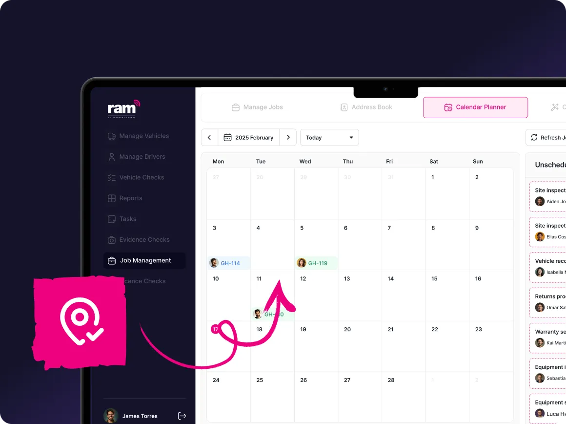 Digital calendar planner on a job management software interface showing scheduled jobs with color-coded tags and user avatars for February 2025.
