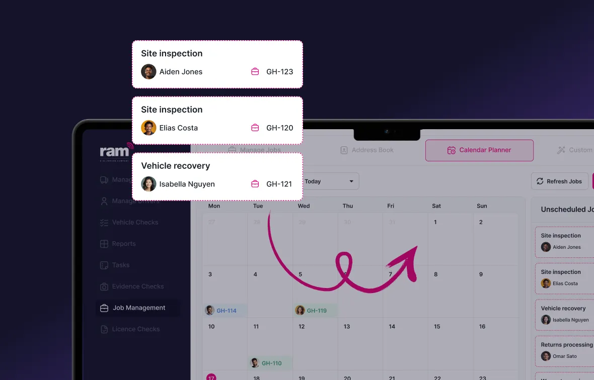 Job scheduling interface showing a calendar planner on a laptop with tasks for site inspection and vehicle recovery assigned to Aiden Jones, Elias Costa, and Isabella Nguyen.