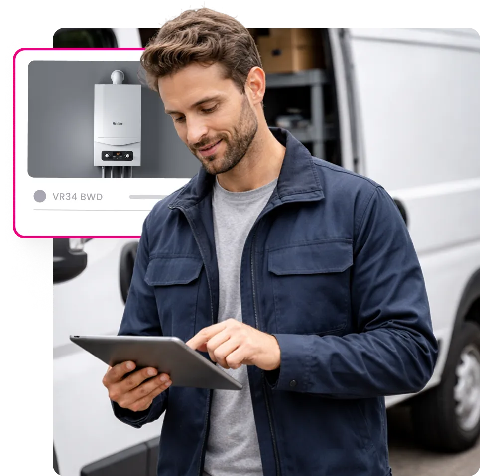 Man in work jacket using a tablet in front of a white delivery van with a digital boiler product image overlay.