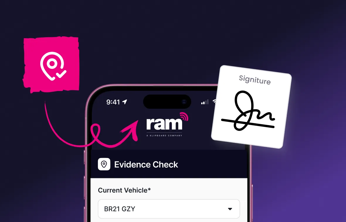 Close-up of a smartphone screen showing a 'ram' app interface with an 'Evidence Check' section and vehicle registration BR21 GZY, alongside icons representing location verification and a digital signature.