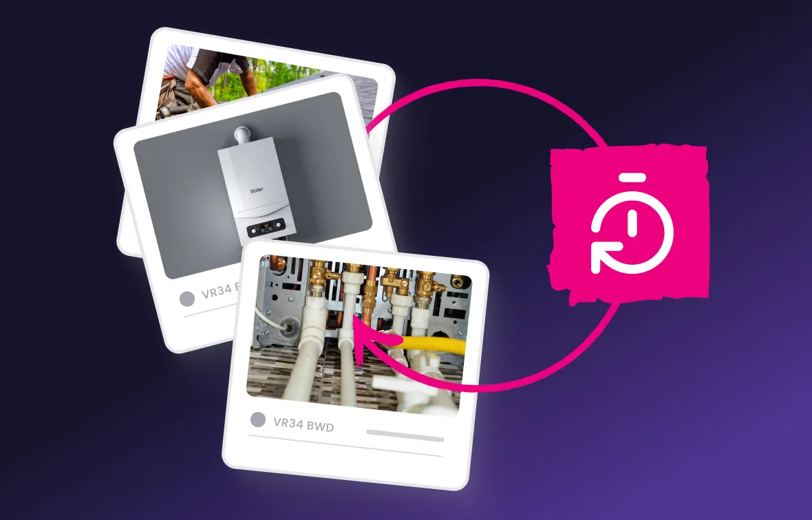 Sequence of images depicting boiler installation parts and piping connected by a pink circular arrow to an icon of a clock with a backward arrow indicating process or update.