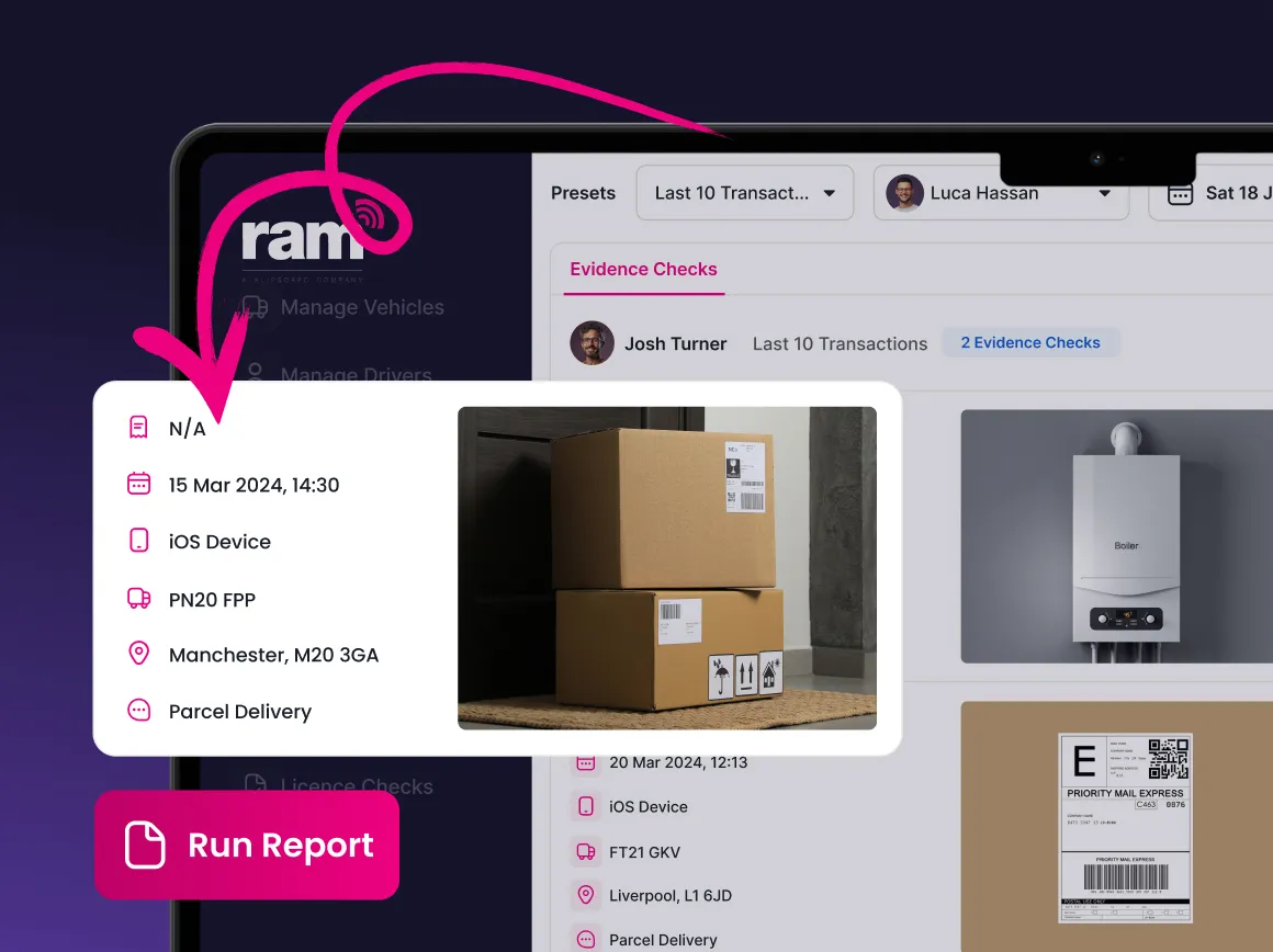 Screenshot of a delivery tracking interface showing delivery details including date, device, vehicle, location, and parcel image with a pink arrow pointing to the details section and a pink 'Run Report' button.