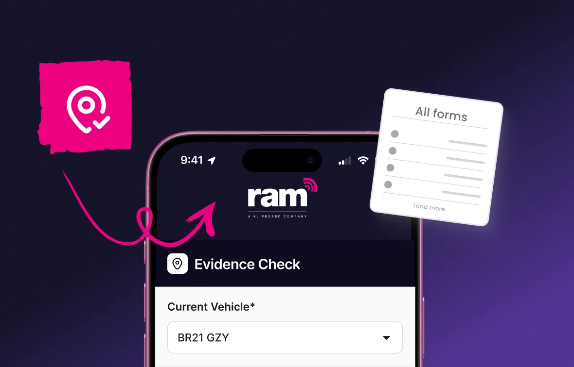 Smartphone screen displaying 'Evidence Check' form with a vehicle license plate input field showing BR21 GZY and RAM logo above.