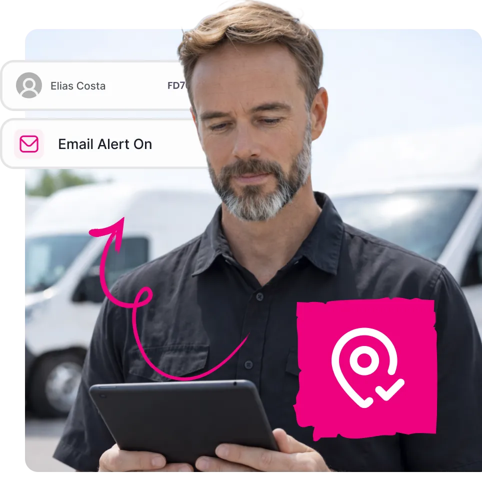 Man in black shirt using a tablet outside with delivery vans in the background and app notifications about email alert and contact details.