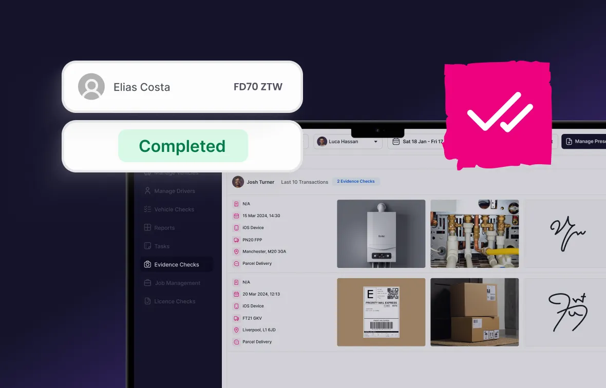 Job management app interface showing evidence checks with photos of a boiler, plumbing, and parcel delivery, alongside status marked as Completed.