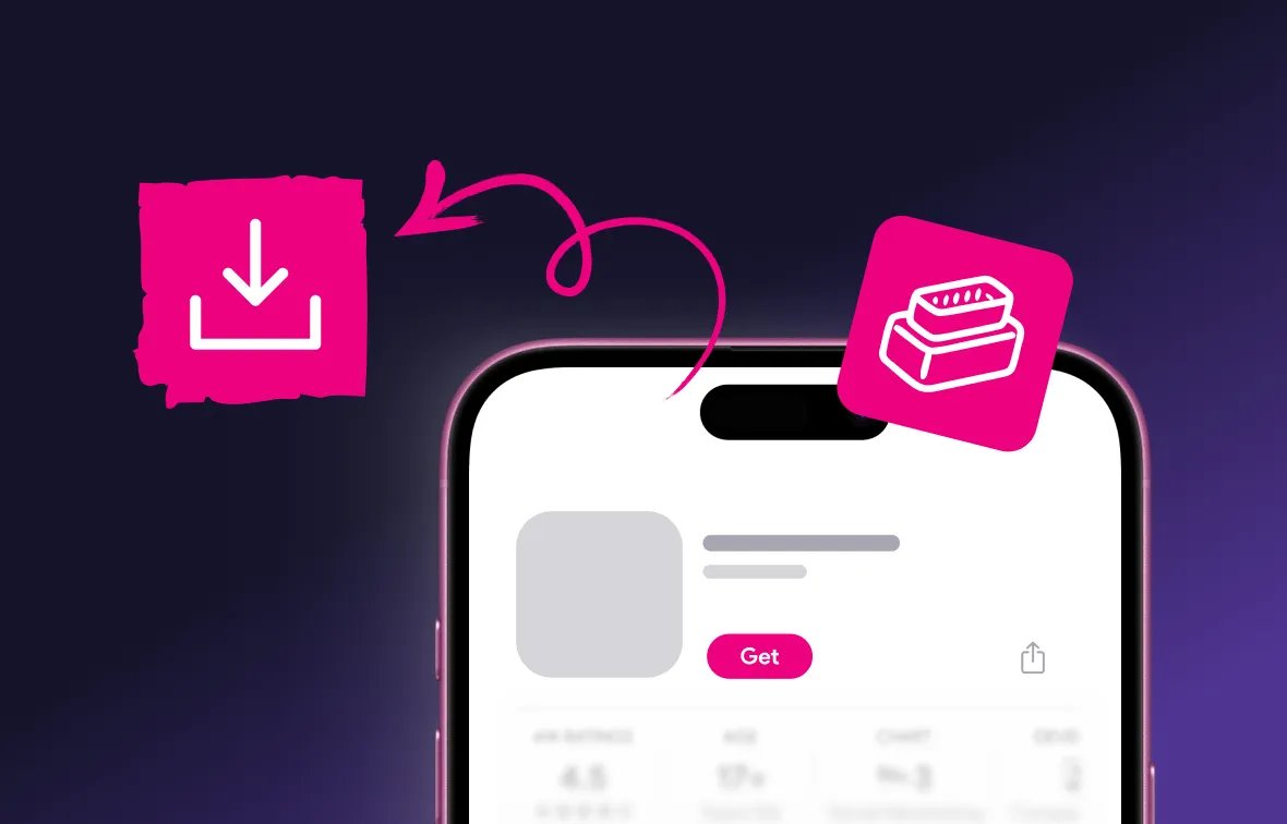 Illustration of a smartphone screen with app download button and icons indicating downloading and device connection.