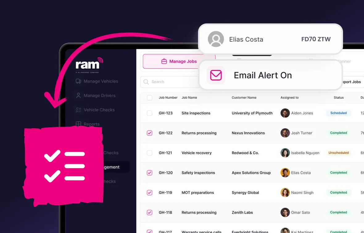 Job management app interface showing a task list with job numbers, names, customer names, assigned personnel, and status labels like Scheduled and Completed.
