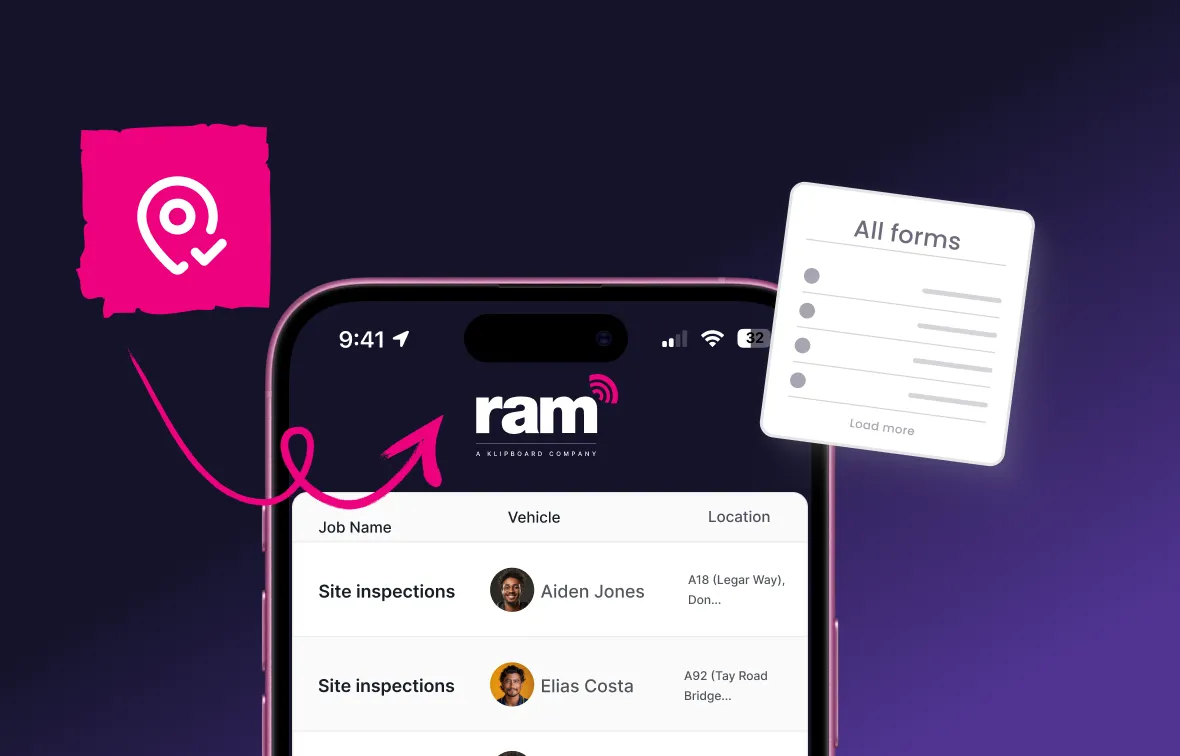 Mobile phone screen displaying a RAM app interface listing site inspections with names and locations, with a pink location icon and an All forms popup.