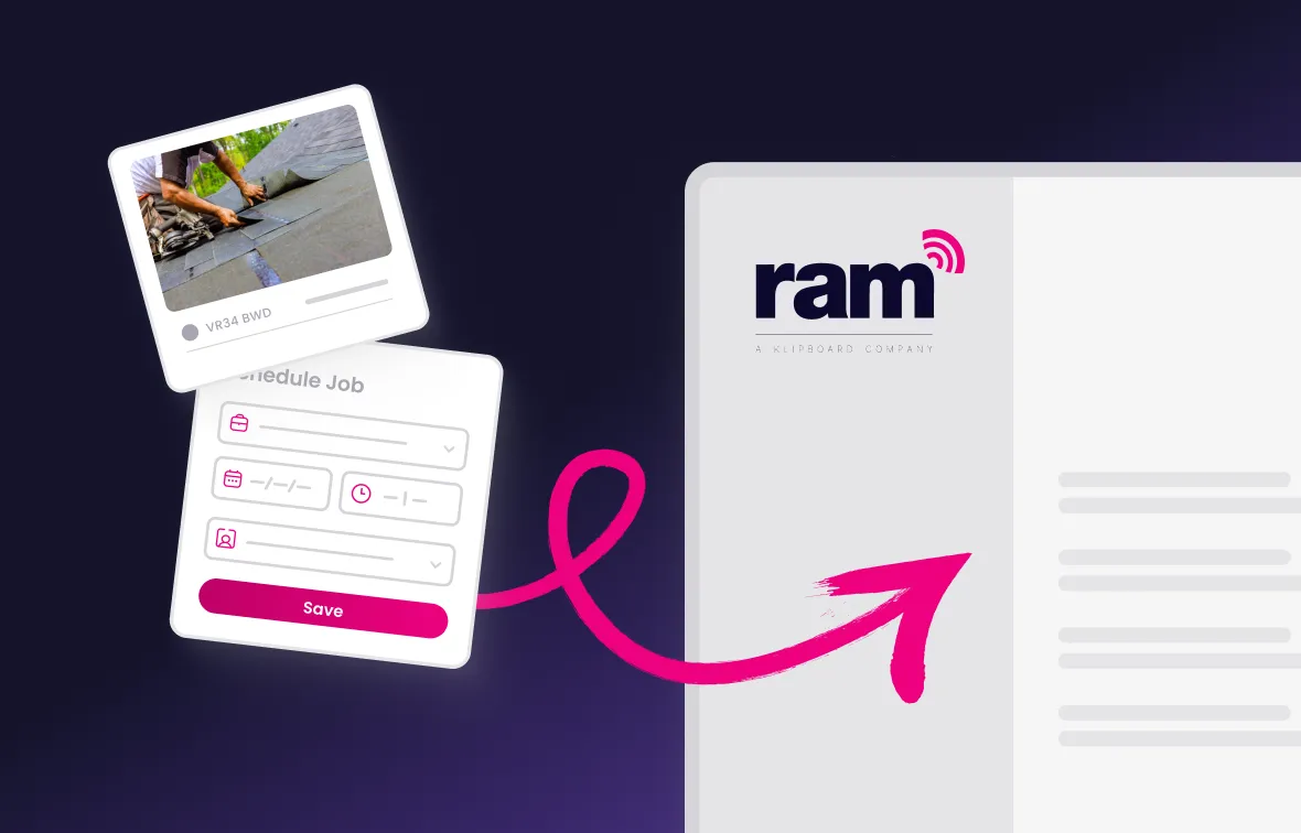 Graphic showing a roofing worker image and job scheduling form with a save button, linked by a pink arrow to a platform with RAM logo.