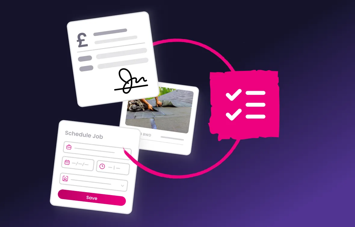 Graphic showing job management concept with icons of a signed document, a person scheduling a job on a digital form, a photo of roofing work, and a checklist symbol connected by a pink circle.