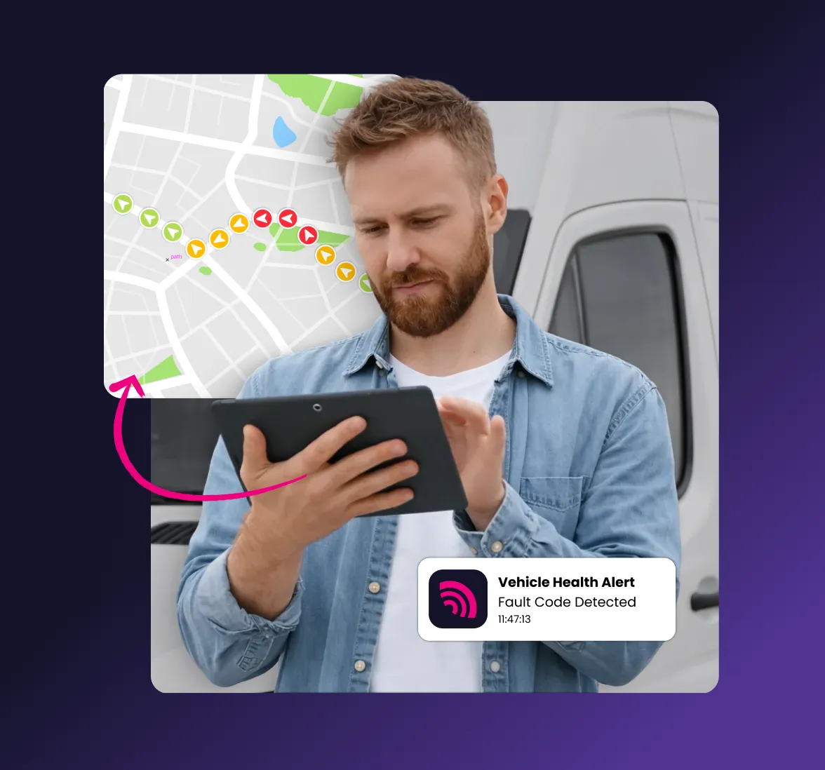 Man using a tablet with a digital map overlay showing a vehicle route and a vehicle health alert notification.