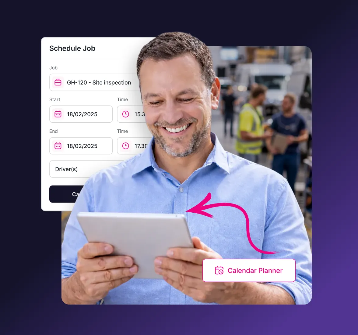 Smiling man in blue shirt using a tablet with a digital job scheduling interface and a calendar planner icon overlay.