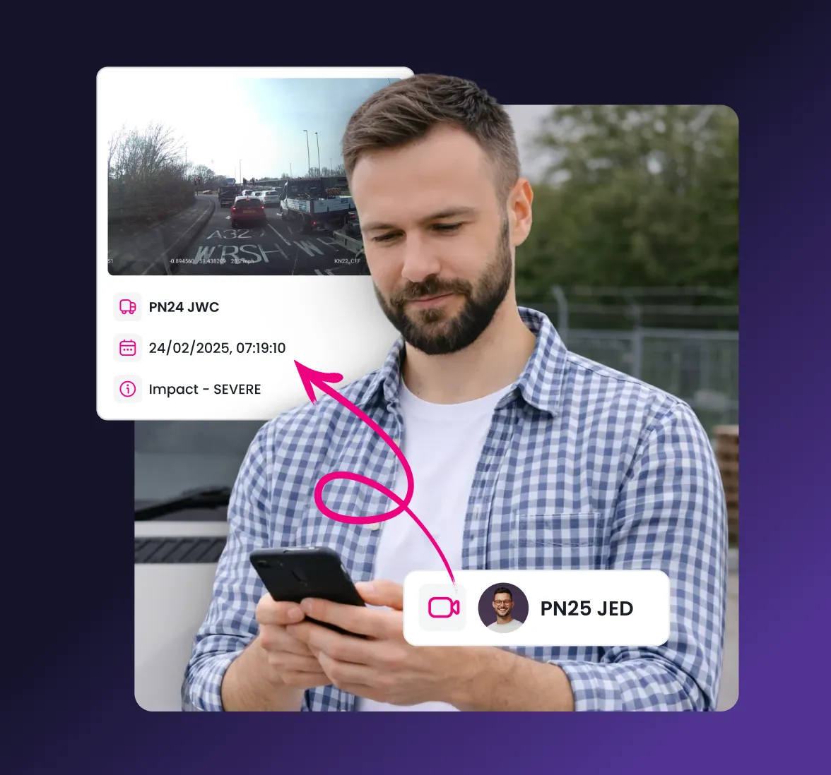 Man in checked shirt using phone with inset showing dash cam footage of traffic and impact details dated 24/02/2025, 07:19:10 marked severe.