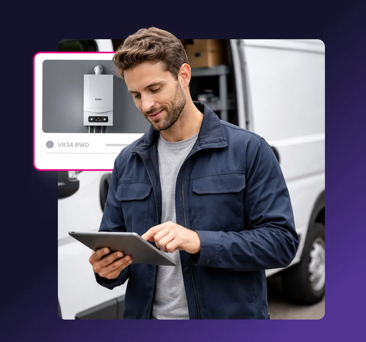 Technician in a navy jacket using a tablet with an overlay showing a boiler labeled VR34 BWD, standing next to a white service van.