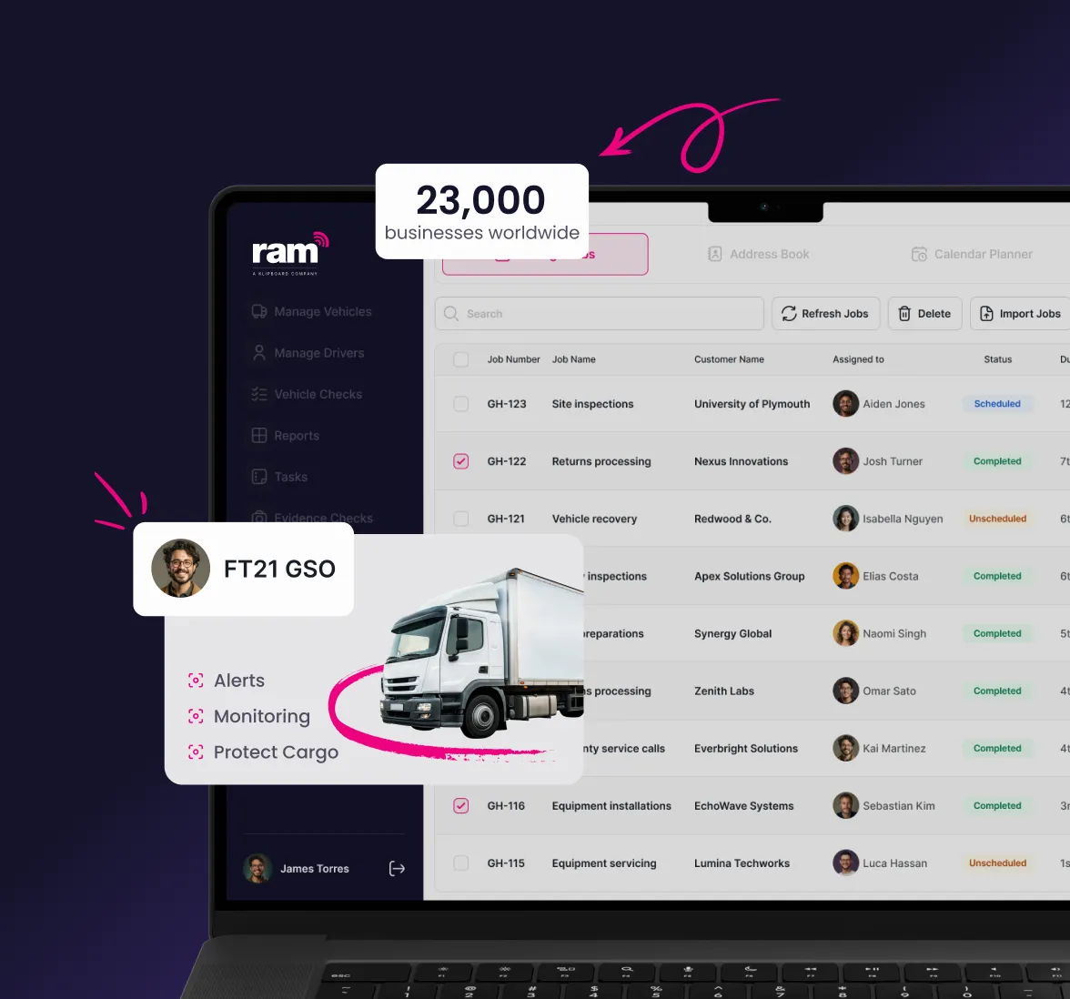 Screenshot of RAM fleet management software on a laptop showing job lists, user profile, truck image, and features like alerts, monitoring, and cargo protection.