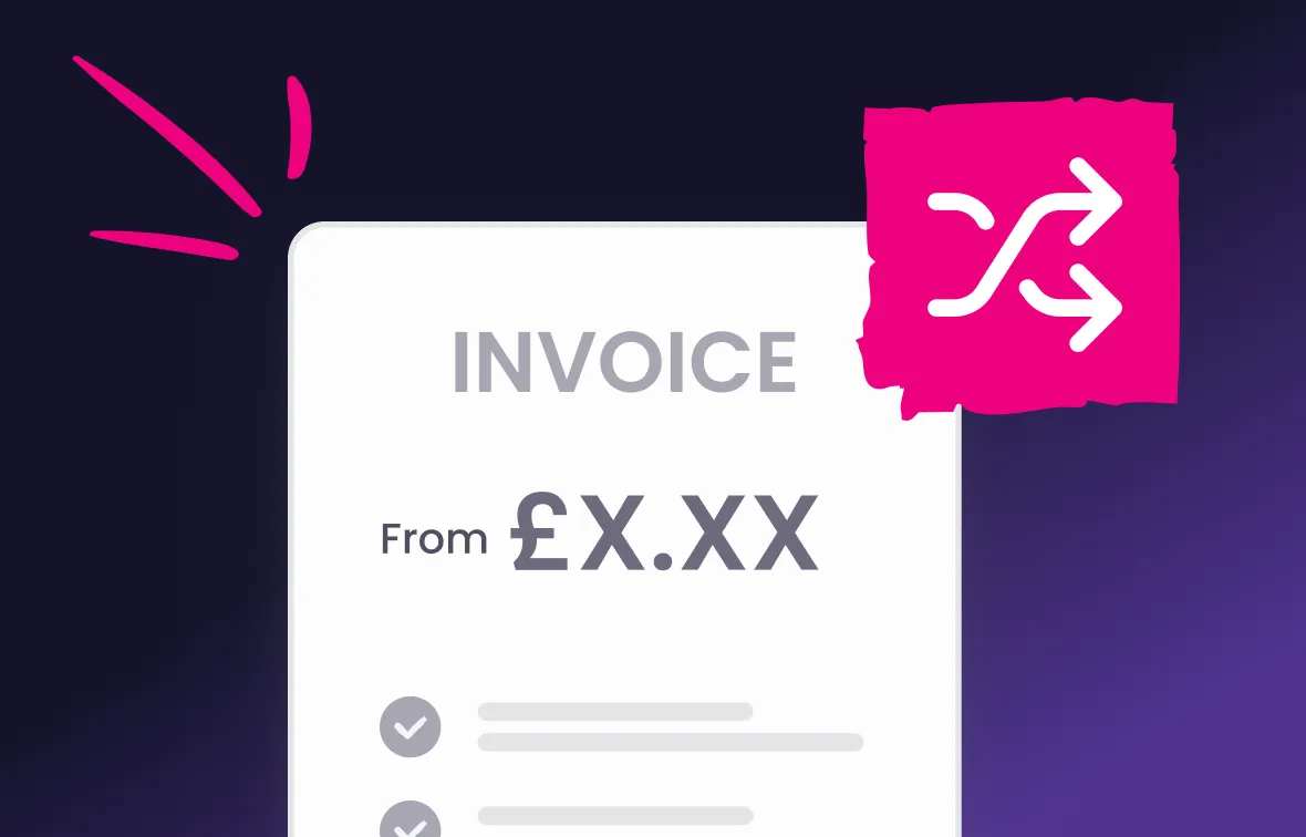 Invoice document displaying a placeholder amount in British pounds with a pink icon of two arrows crossing in the top right corner.