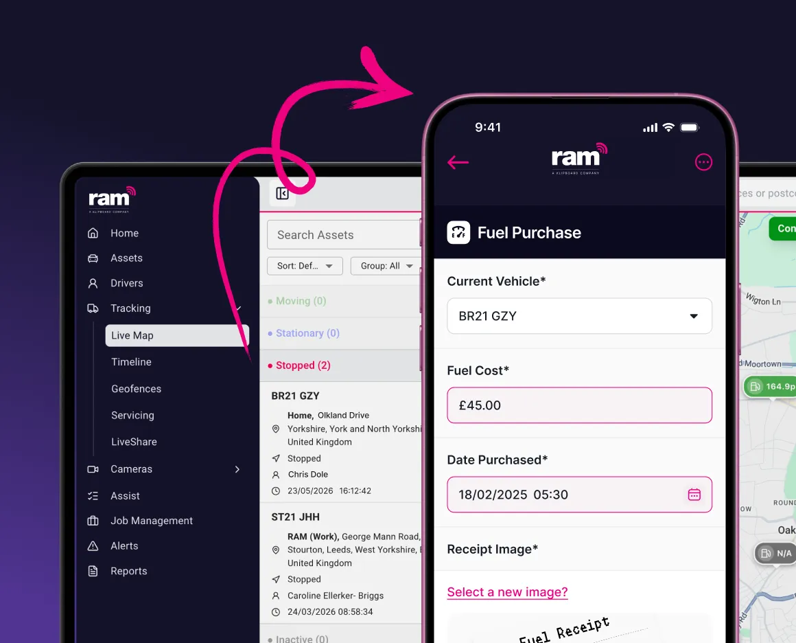 Mobile app screen for fuel purchase entry showing vehicle ID BR21 GZY, fuel cost £45.00, purchase date 18/02/2025 05:30, and option to upload receipt image, alongside a desktop interface with live map and asset tracking details.