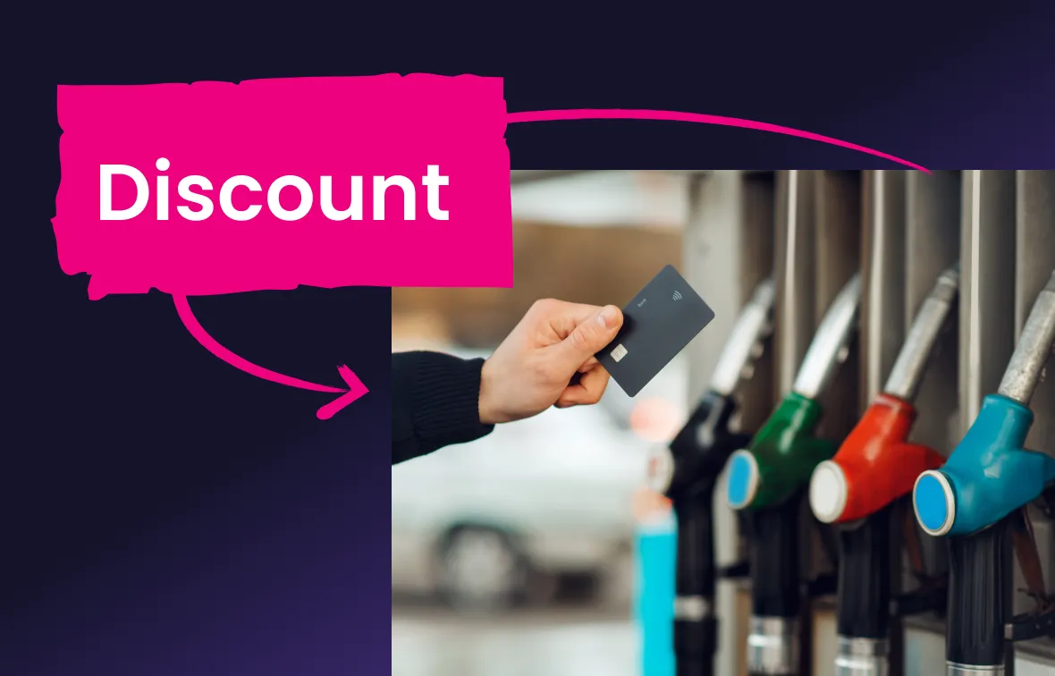Hand holding a contactless payment card near fuel pump nozzles in various colors at a gas station, with the word 'Discount' highlighted.