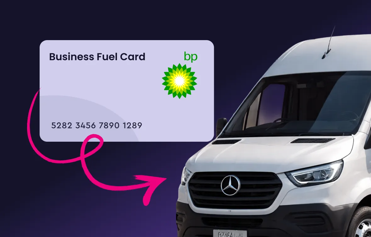 Business Fuel Card with BP logo and a pink arrow pointing to a white Mercedes-Benz van.