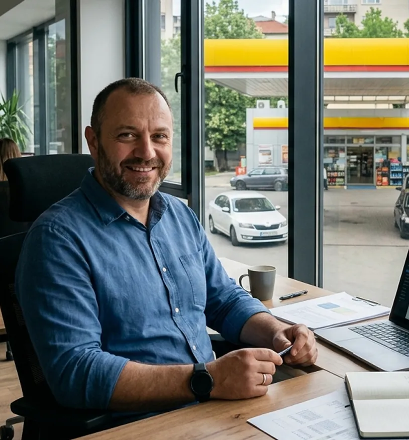 Smiling man in a blue shirt sitting at a desk with papers, a laptop, and a coffee mug near a window overlooking a gas station.