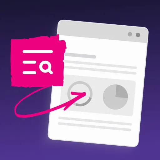 Illustration of a web browser window with charts and a magnifying glass icon linked by a pink arrow representing data analysis or search.
