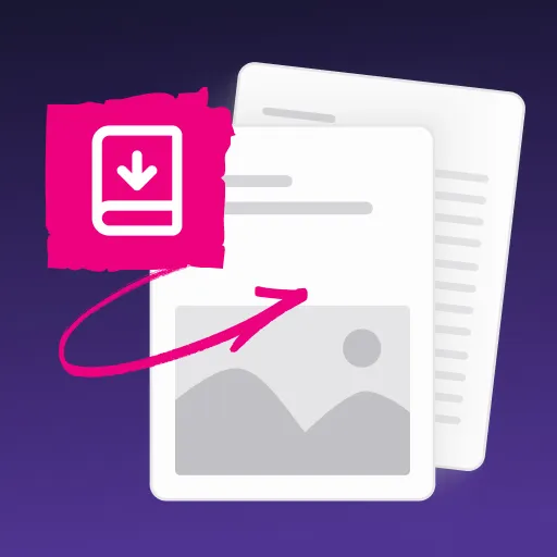 Icon of a document with an image placeholder and a pink book download symbol with an arrow pointing to the document.