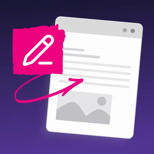 Illustration of a document with text and an image placeholder, accompanied by a pink pencil icon and arrow overlay.
