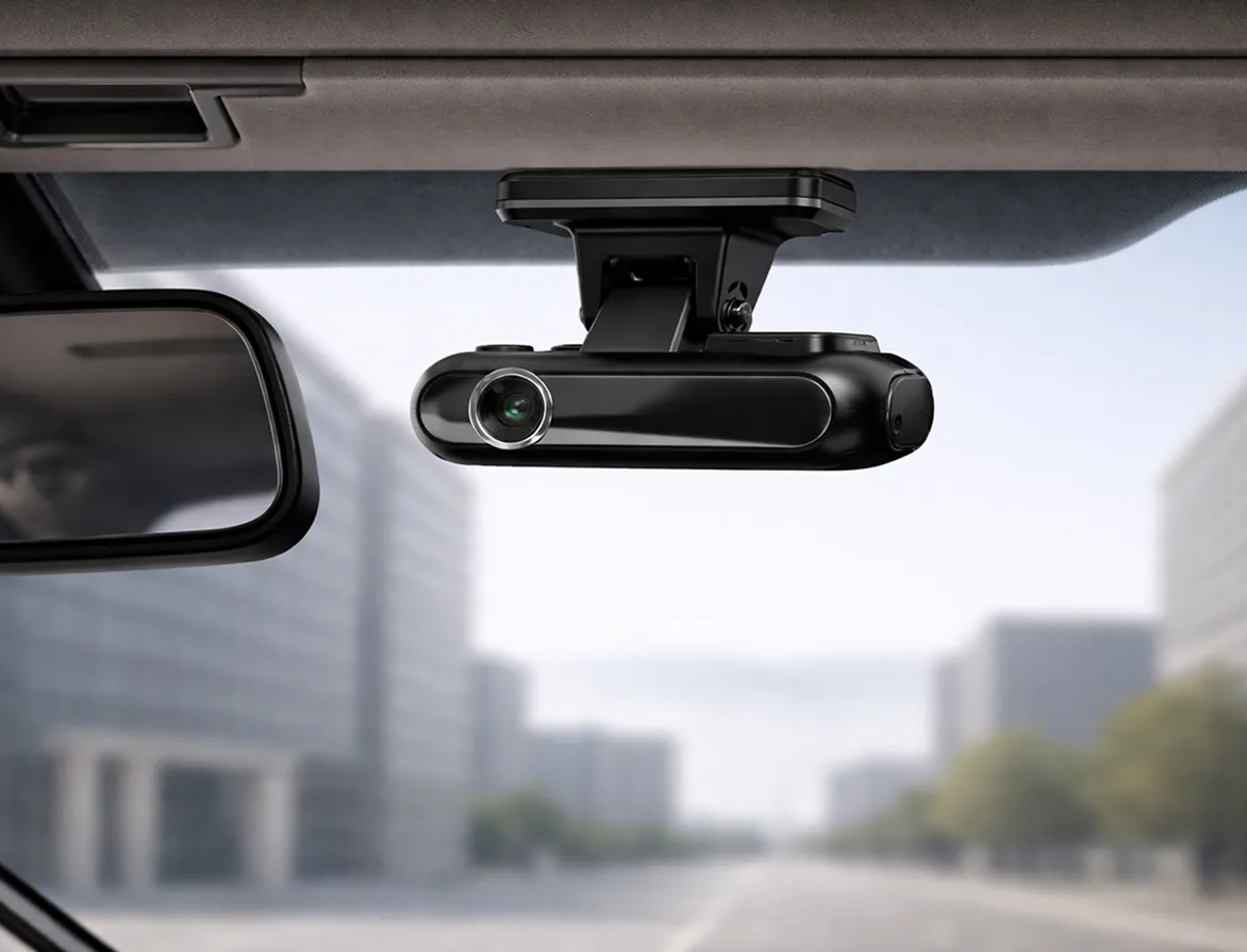 Black dash camera mounted on the windshield of a car next to the rearview mirror, overlooking a blurred city street.