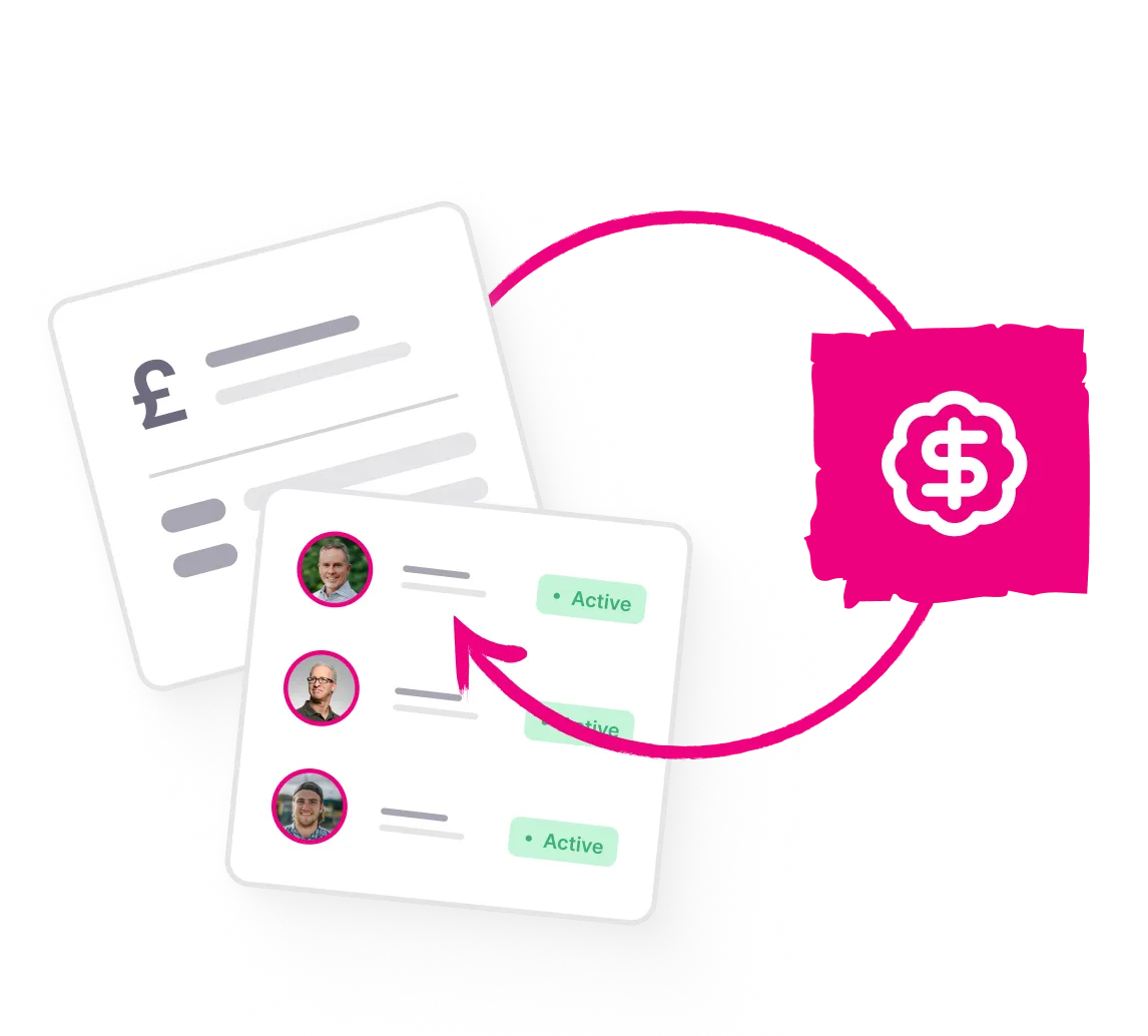 Illustration showing a financial document with a pound symbol connected by arrows to a user list marked as active, linked to a dollar symbol icon.