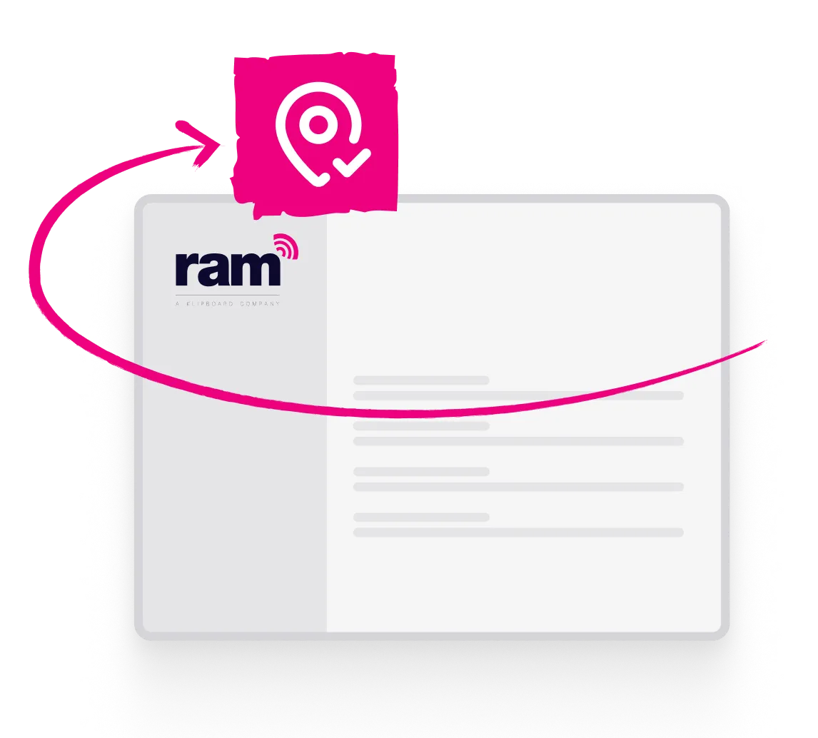 Document with RAM company logo and pink arrow pointing to a location check icon above it.