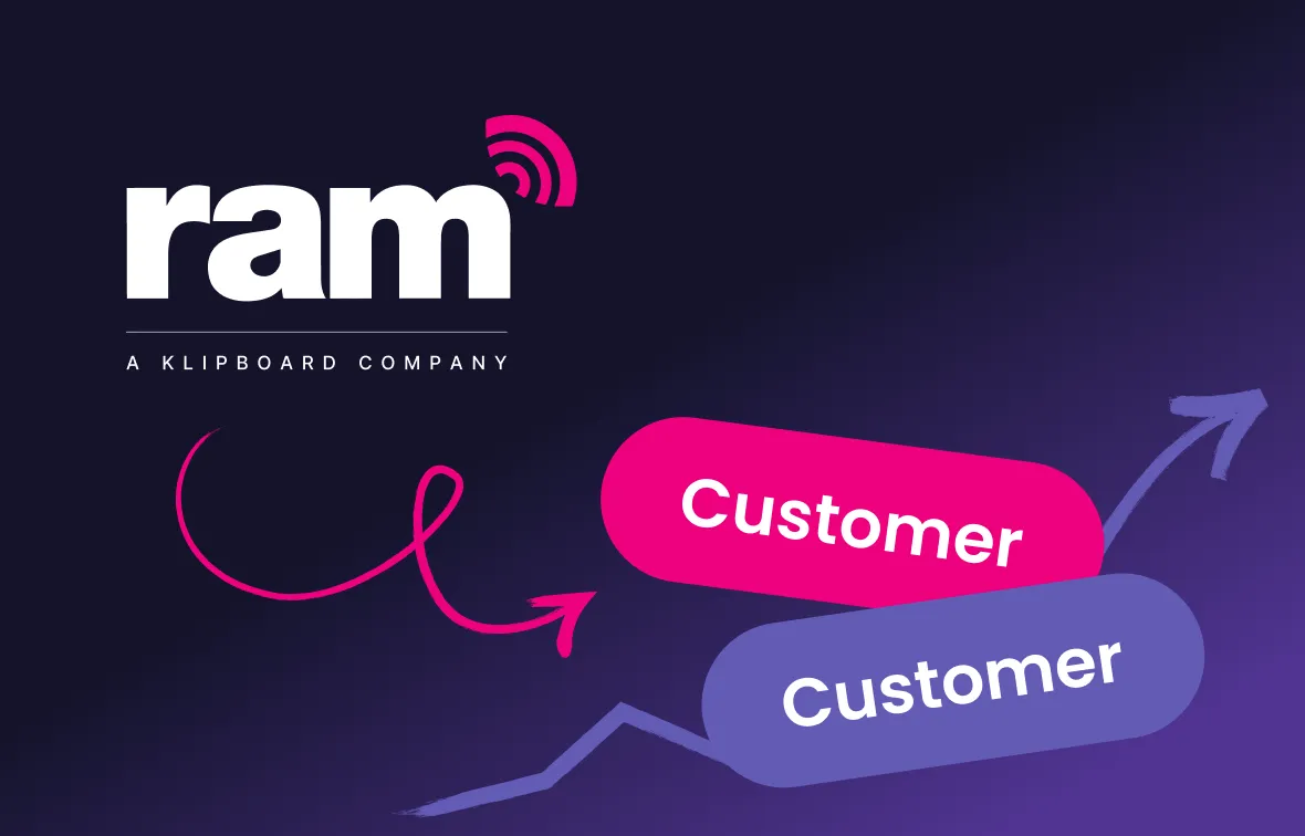 Ram logo with tagline 'A Klipboard Company' and graphic showing two labeled 'Customer' tags with arrows indicating growth.