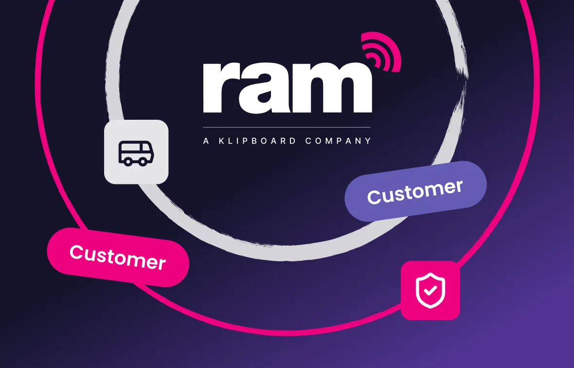Logo for ram, a Klipboard company, surrounded by icons representing a bus and a shield, with labels reading Customer.
