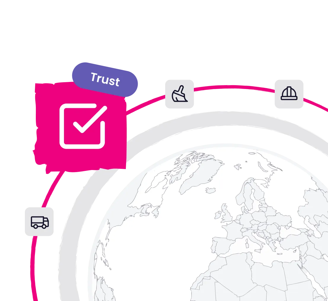 Illustration of a globe showing Europe and parts of Africa and Asia with a pink checkmark icon labeled 'Trust' connected by a curved line to icons of a truck, a paintbrush, and a construction helmet.