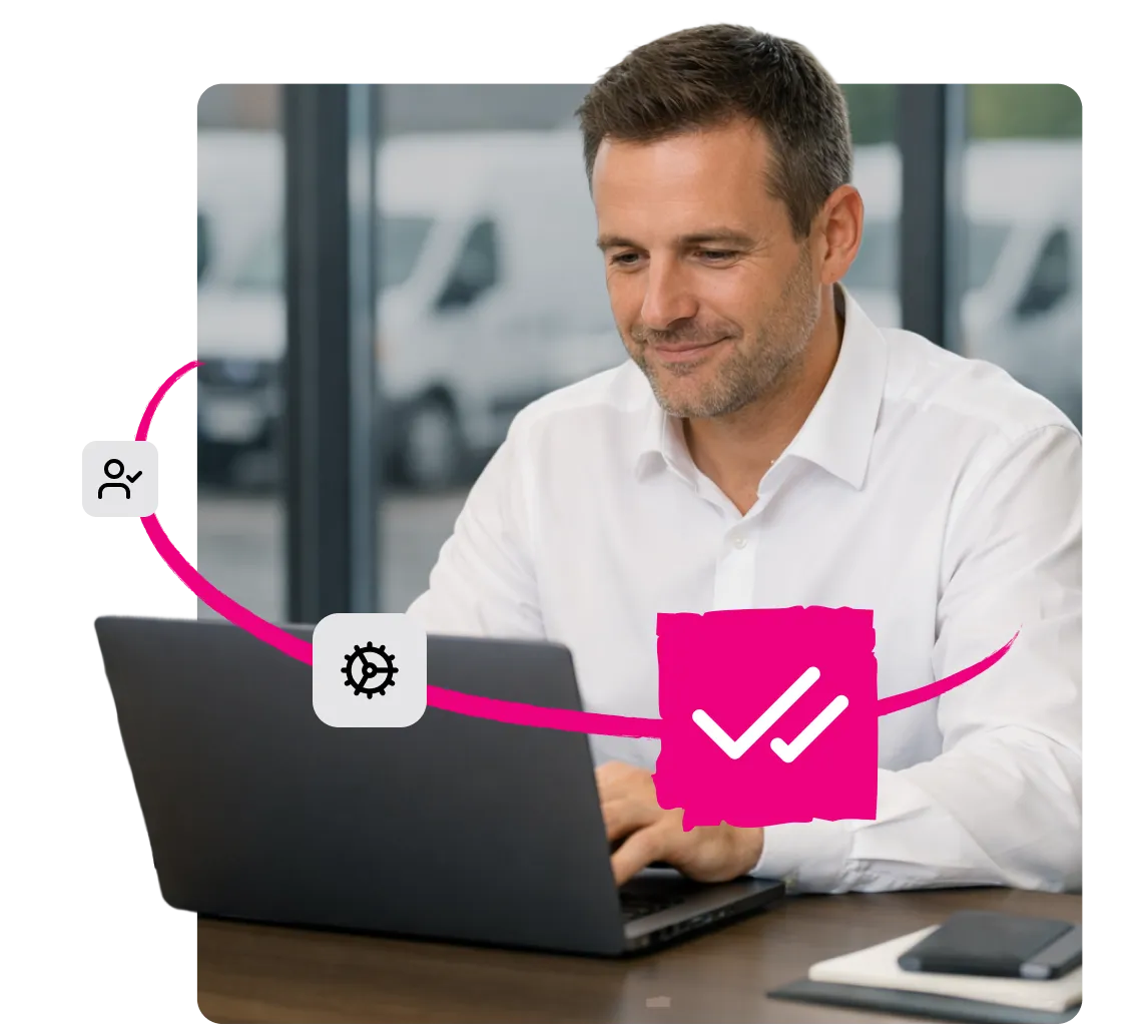 Man in white shirt smiling while working on a laptop at a desk with a phone and notebook nearby, with graphic icons of settings and check marks around him.