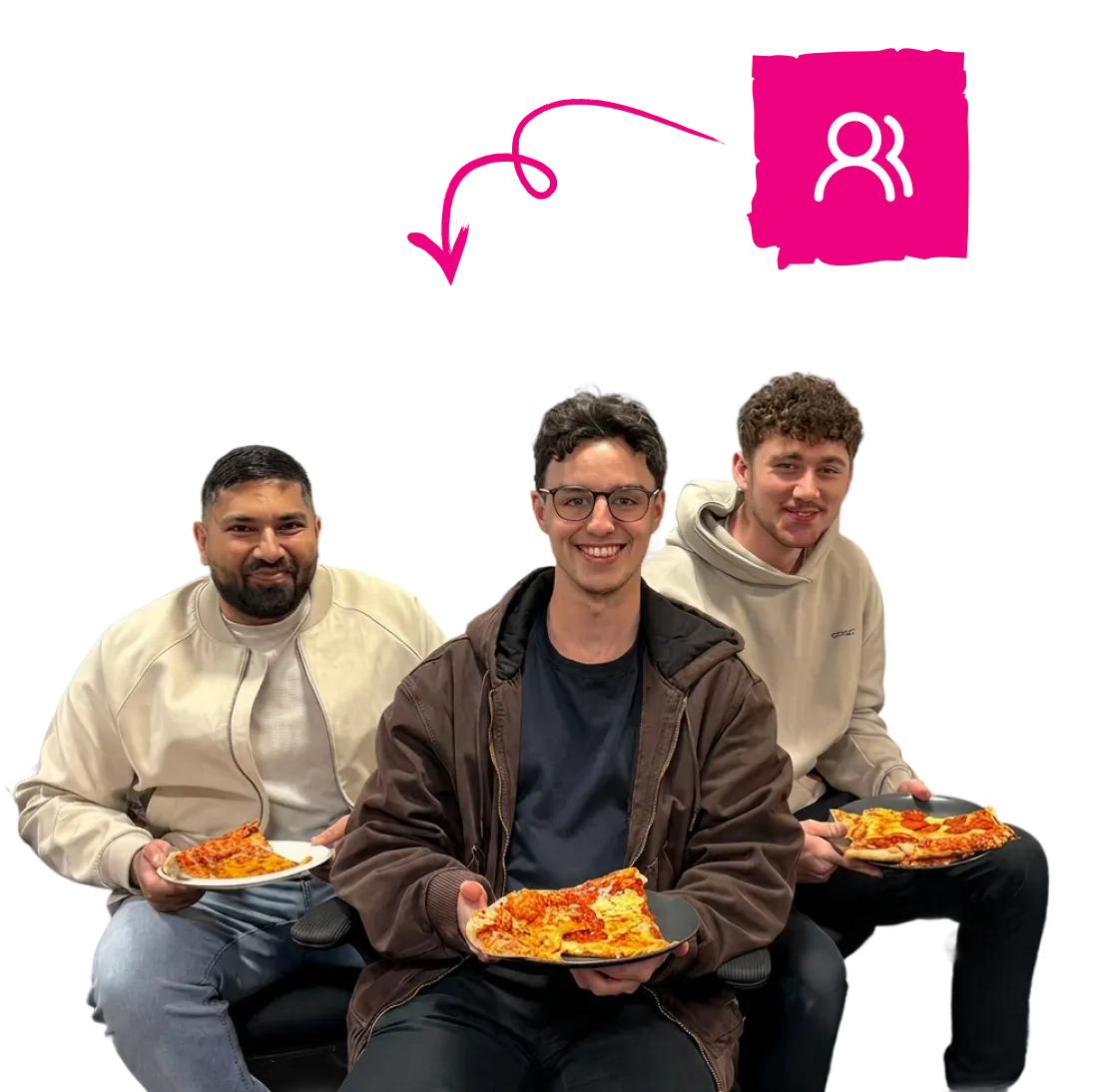 Three people holding certificates, with a pink icon of two people above the middle person.