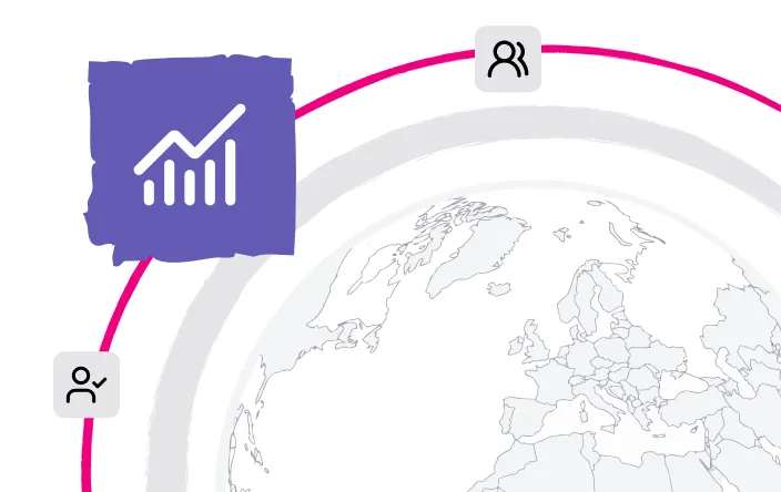 Outlined world map centered on Europe with white icons of user profiles and a purple square featuring a white rising bar chart and arrow symbol.