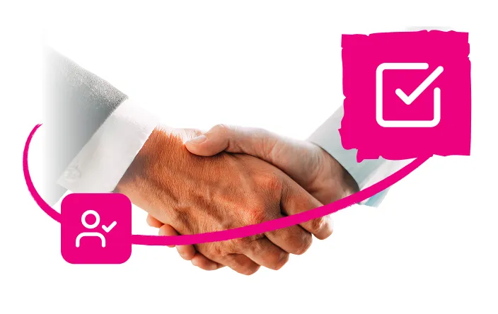 Two people shaking hands with illustrated pink checkmark icons connected by a curved line, symbolizing agreement or approval.