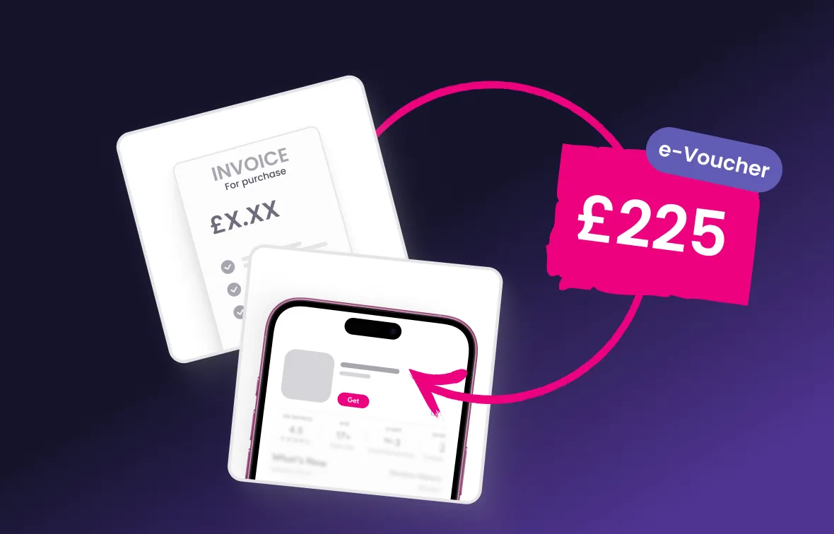 Graphic showing an invoice with an amount placeholder linked by an arrow to a pink £225 e-voucher
