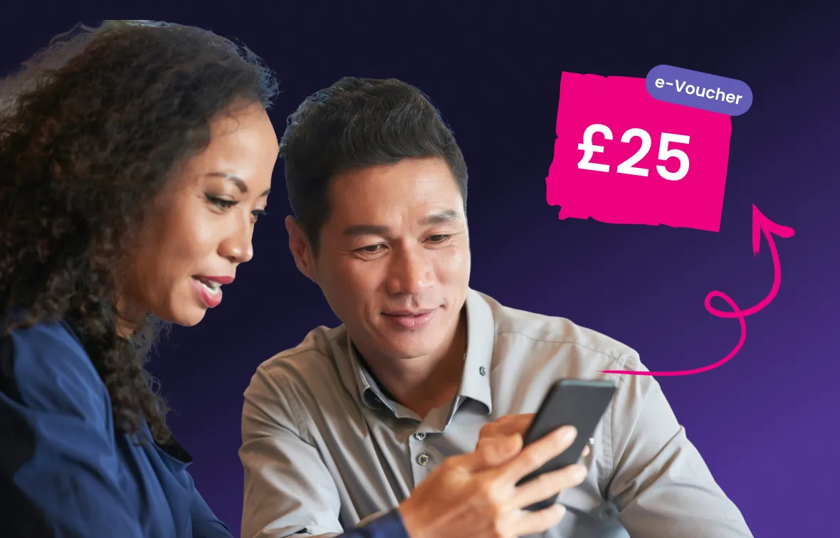 Two people looking at a smartphone together with a graphic showing a £25 e-voucher.