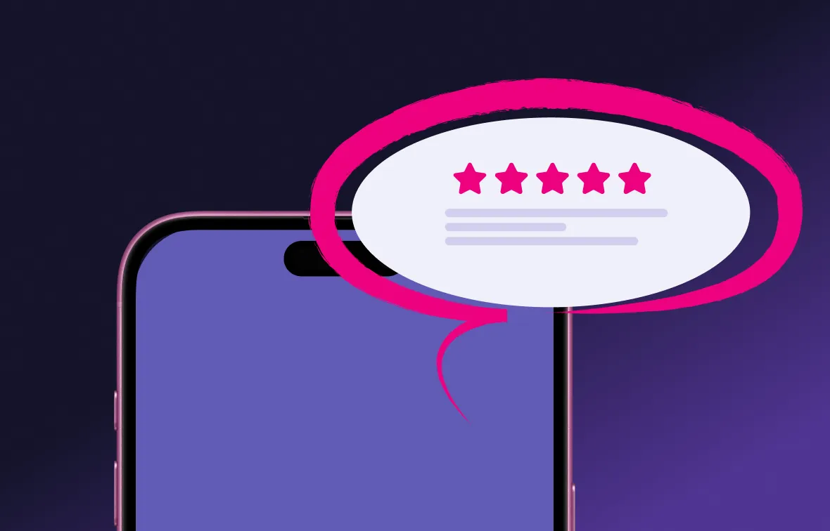 Top corner of a smartphone with a speech bubble showing five pink stars indicating a five-star rating.